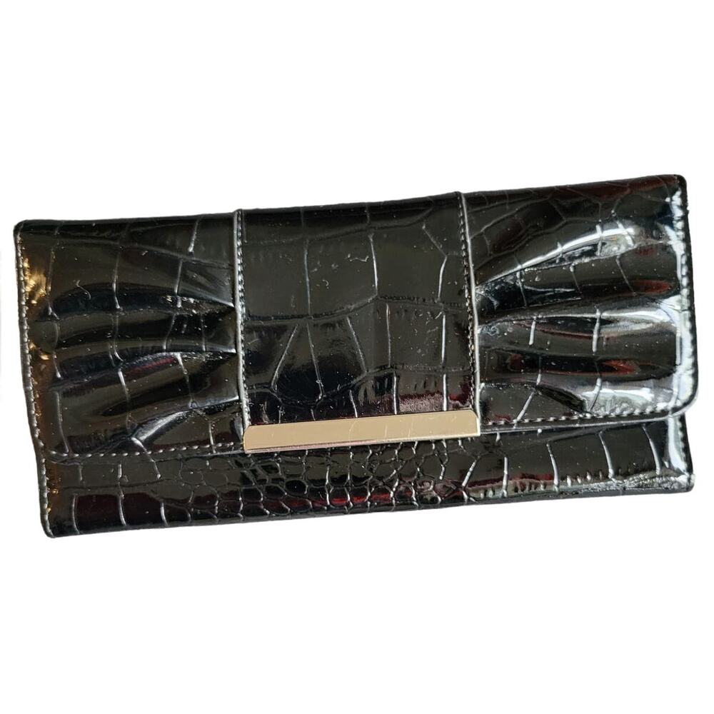 Black Slim Faux Alligator Print Patent Leather Look Evening Bag Clutch 7.5 x 4